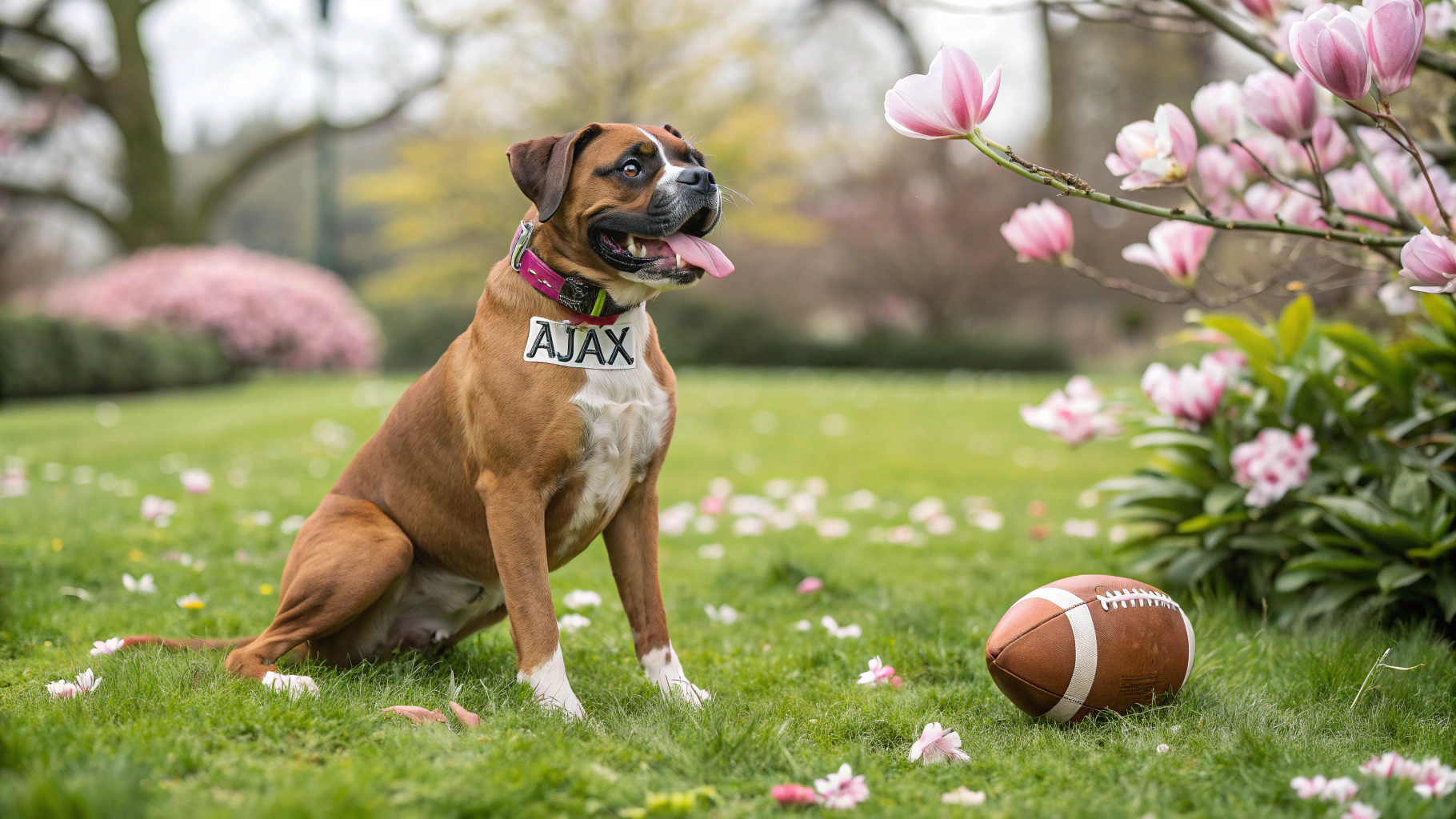 AI generated image by Red Panda AI: A beautiful full body image of a brown boxer dog with a name tag "Ajax", he is all brown with a white chest and white front paws , he sits happily in a green garden with pink magnolia flowers and a detailed american football under it's front paw, surrounded by nature, butterflies, flowers and birds