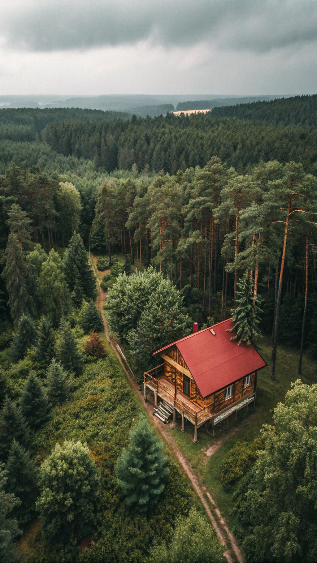 AI generated image by Red Panda AI: Vista aérea de una cabaña en medio del bosque