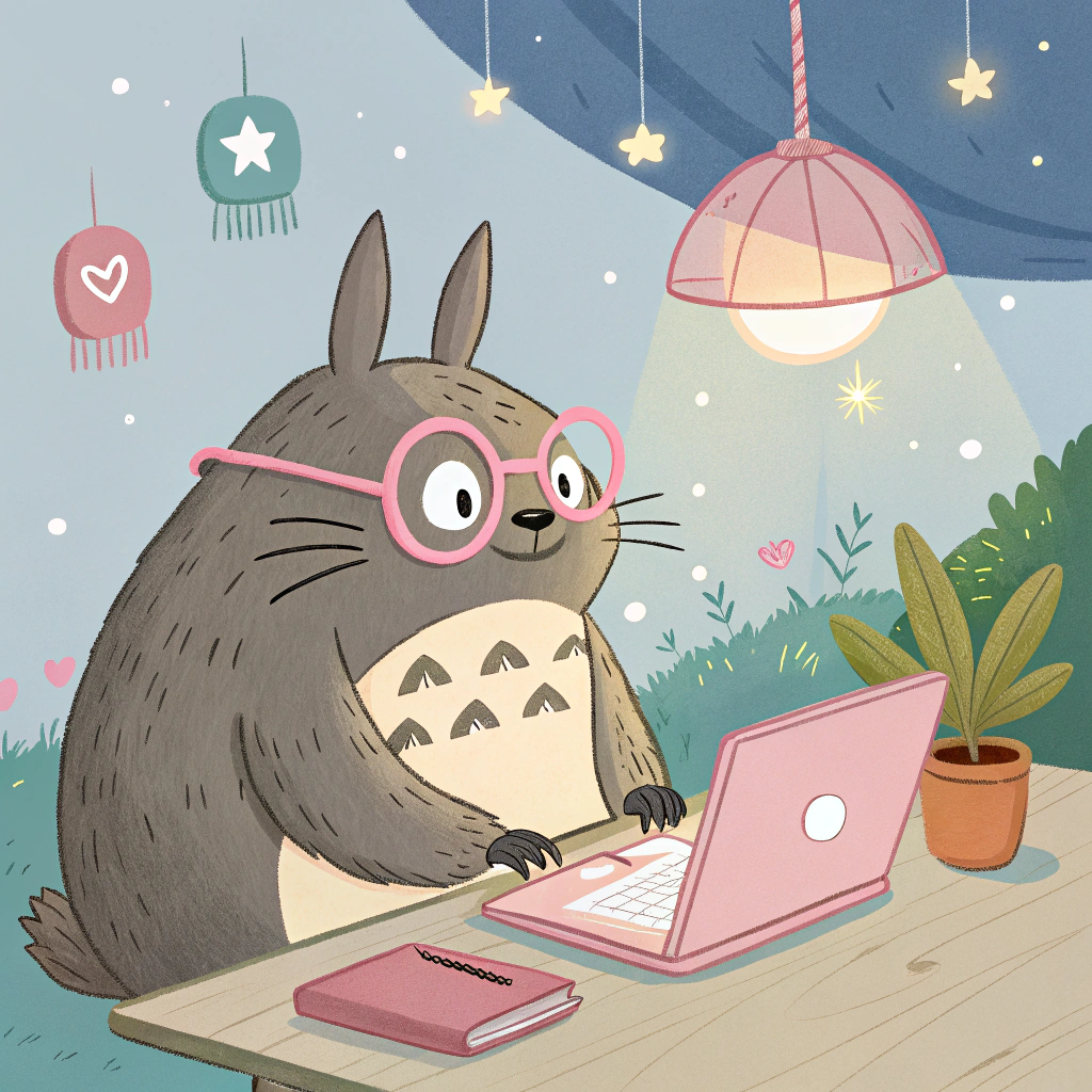 AI generated image by Red Panda AI: Ghbli's character totoro wearing pink glasses and working at a desk and typing on a laptop