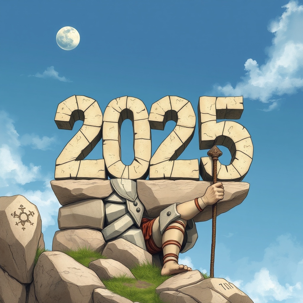AI generated image by FLUX.1-schnell: dibuja el año "2025" bien grande sobre el cielo.
Debajo un hombre medieval de piedra.
que se esculpe a si mismo.
con un mazo y un cincel