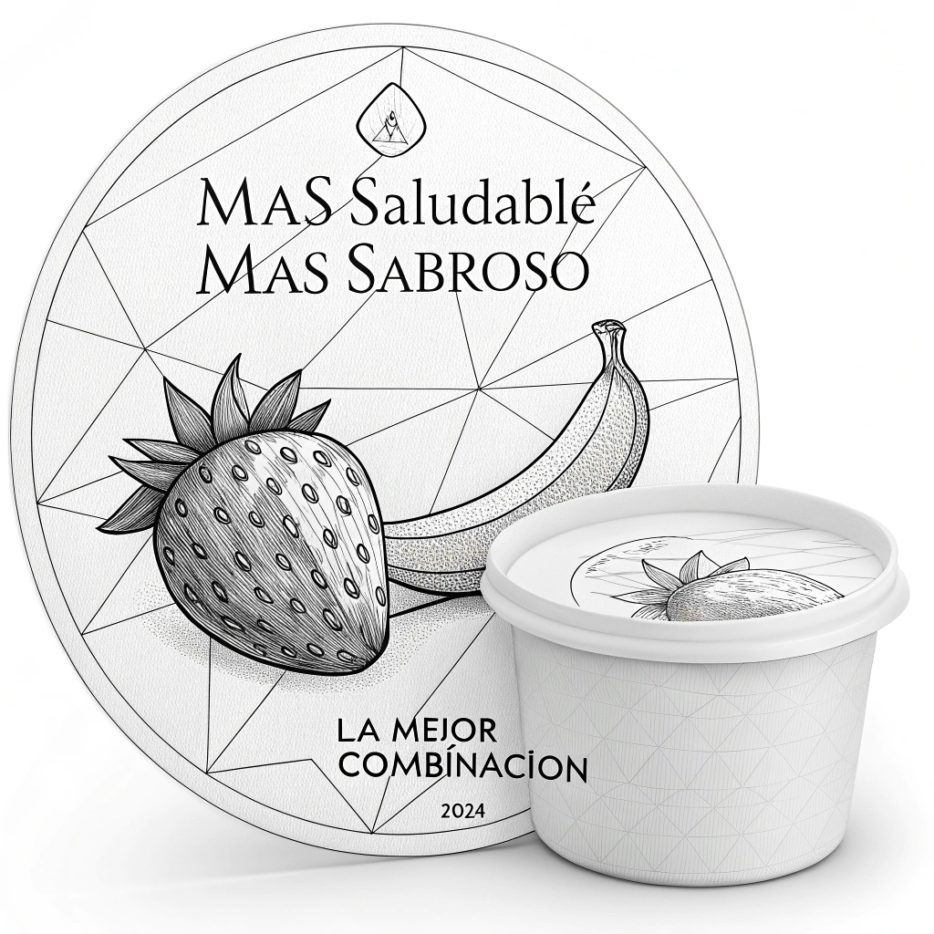 AI generated image by Red Panda AI: "Crea un logotipo minimalista en blanco y negro, usando líneas finas y una paleta monocromática (tonos de gris, blanco y negro). Diseña una composición isométrica que muestre, a la izquierda, un recipiente de plástico pequeño y ancho con un helado estilizado (representado con líneas de trazo fino y sombras sutiles en escala de grises). A la derecha, incluye una fruta (como una fresa o un plátano) con detalles geométricos y contornos precisos. Ambos elementos deben estar alineados simétricamente y conectados por líneas decorativas que simulen dinamismo. En la parte superior del círculo, escribe 'MÁS SALUDABLE MÁS SABROSO' en tipografía sans-serif delgada, y en la inferior, 'LA MEJOR COMBINACIÓN', siguiendo la curva del borde. En la base, agrega el año '2024' en tamaño pequeño y discreto. Utiliza fondos blancos lisos y sombras tenues para dar profundidad al diseño, manteniendo un estilo moderno y sofisticado."