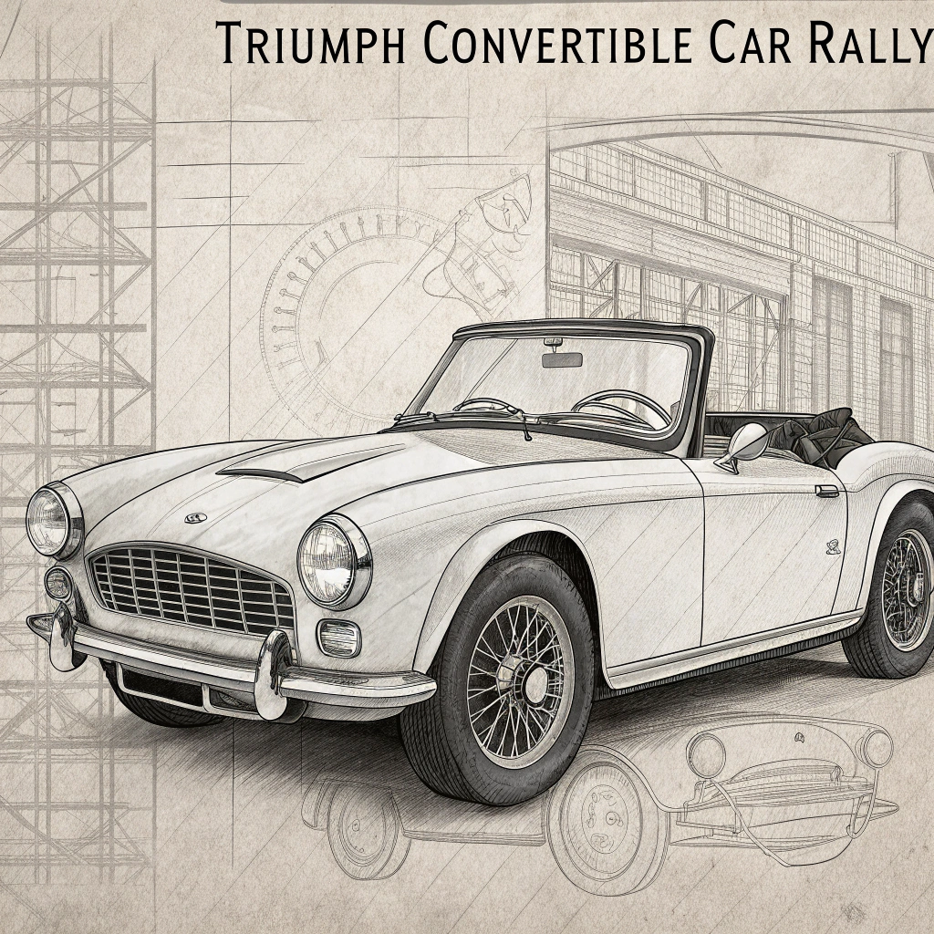 AI generated image by Red Panda AI: Vintage-inspired flyer for a Triumph convertible car rally, in a monochrome pencil sketch style. Focus on a front-angle view of the car with a technical, blueprint layout, and an old-fashioned blueprint paper background. Detailed linework with cross-hatching, label key details of the car, and include subtle, retro typography for the event details.