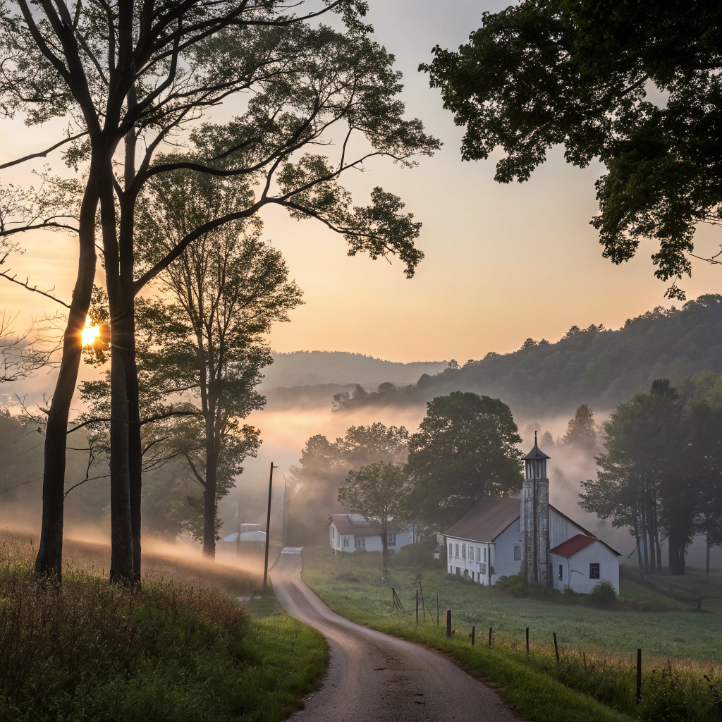 AI generated image by Red Panda AI: 50 years ago, in a small town in a forest in the United States, I wanted four photos: morning, noon, evening, and late night