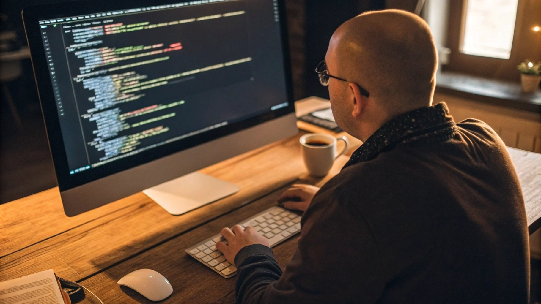AI generated image by Red Panda AI: an blank bold web designer behind a wooden desk, creating code for a website