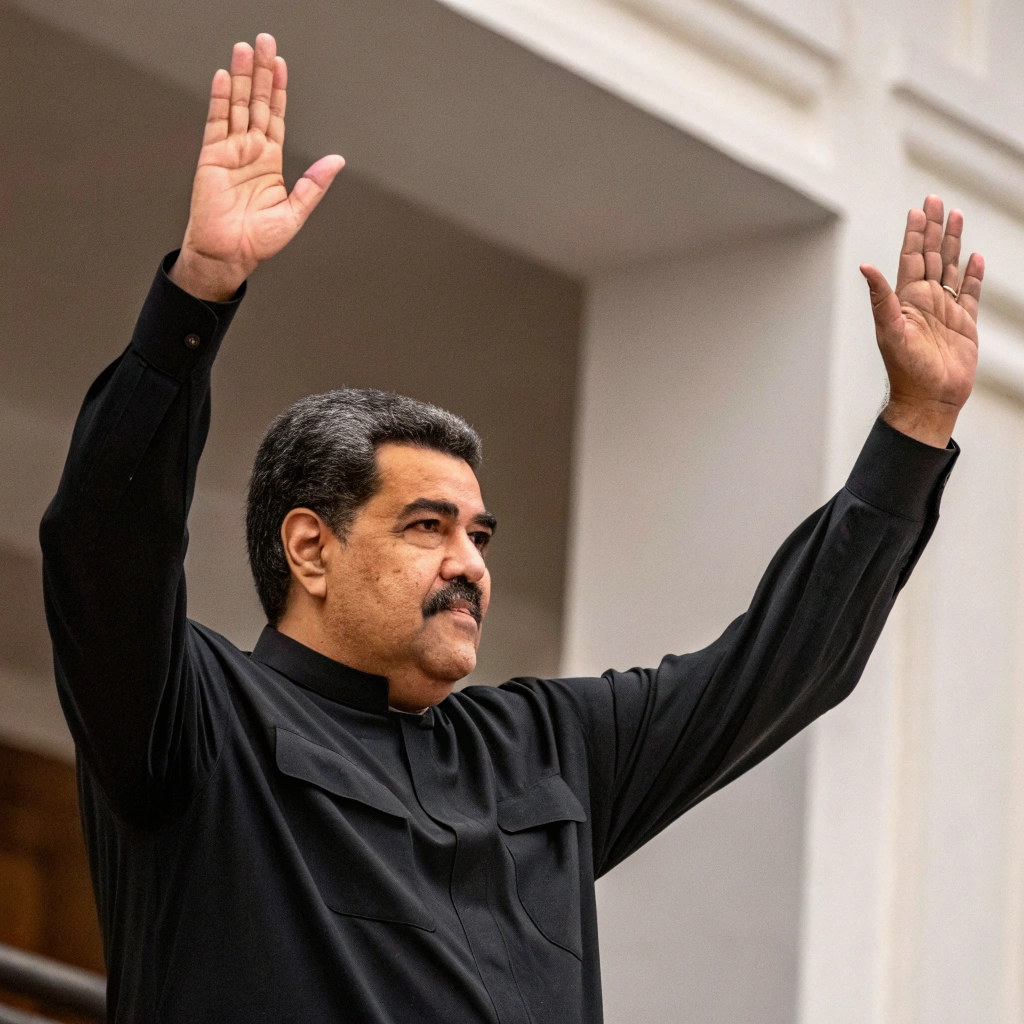AI generated image by Red Panda AI: nicolas maduro con camisa de negro manga larga levantando las manos