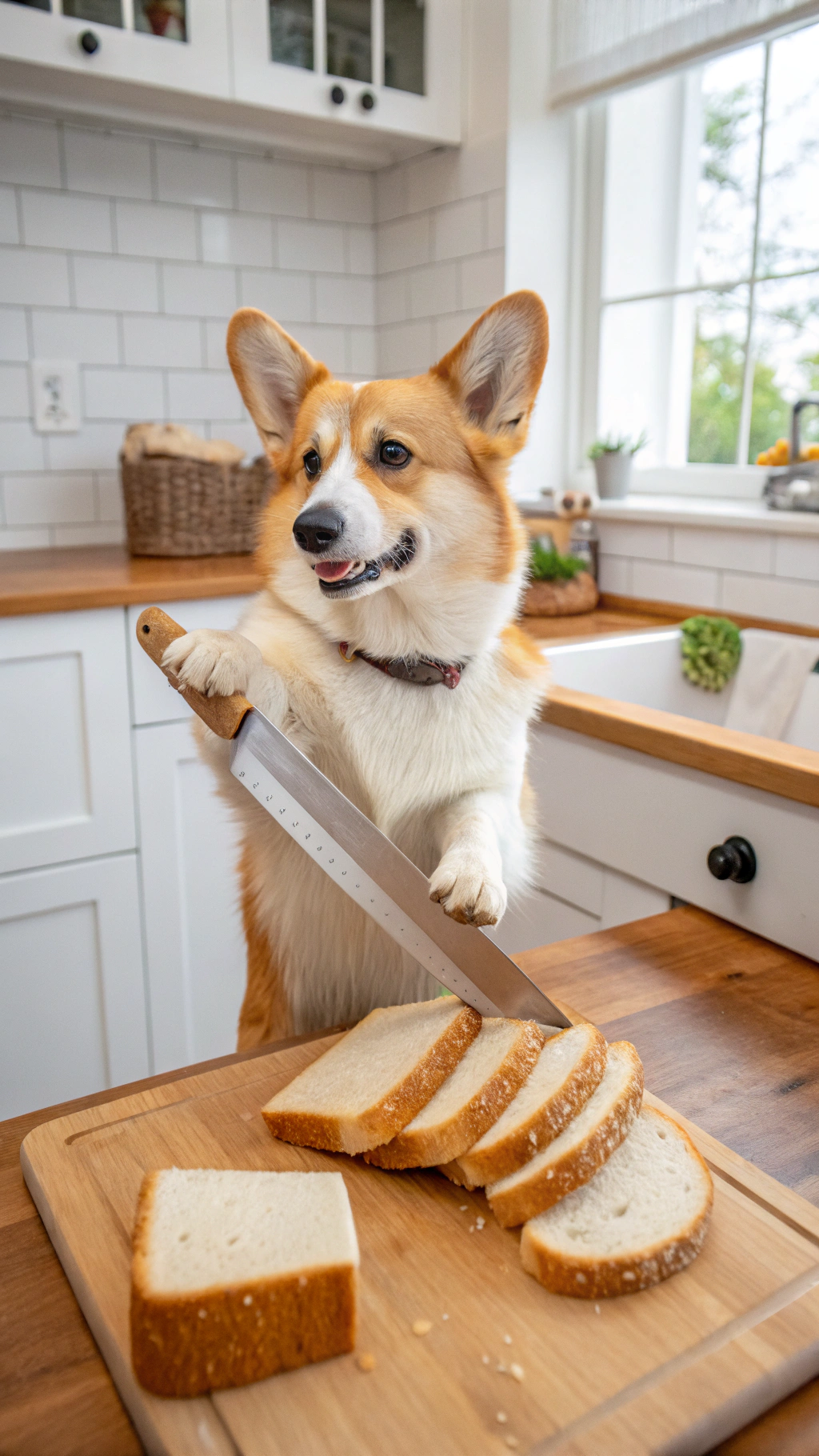 AI generated image by Red Panda AI: anthropomorphic corgi gripping a bread knife with one paw and slicing into a solid loaf of bread. Nearby are slices of bread. Corgi is standing in an american suburban kitchen during the day.