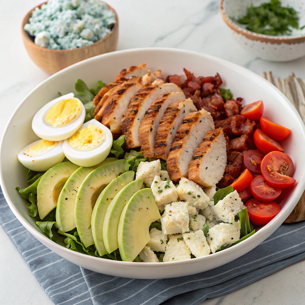 AI generated image by Red Panda AI: Na dużym talerzu lub w misce rozłożyć miks sałat.
Na wierzchu ułożyć pokrojonego kurczaka, kawałki bekonu, ćwiartki jajek na twardo, kostki awokado i pomidora.
Całość posypać pokruszonym serem pleśniowym.