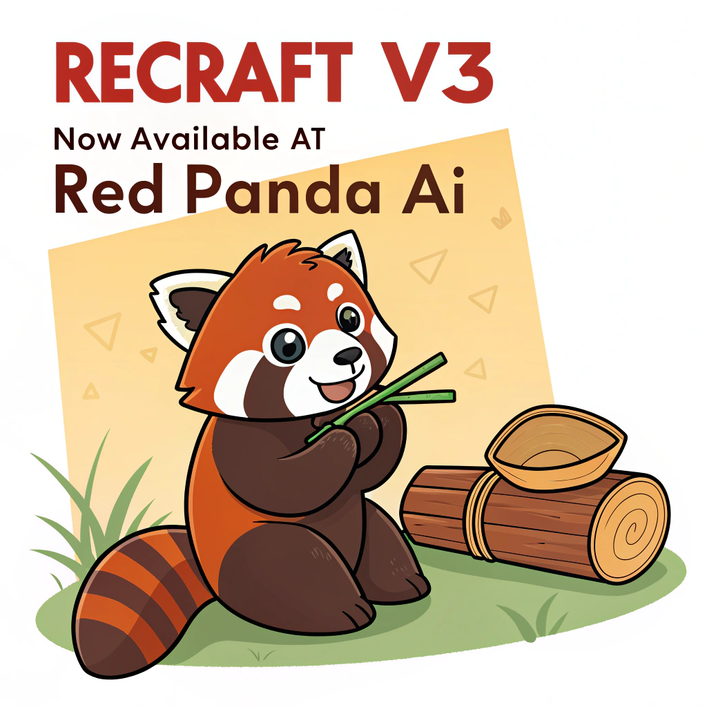 AI generated image by Red Panda AI: a red panda eating a bamboo in front of a poster that says "recraft V3 now available at red panda ai
