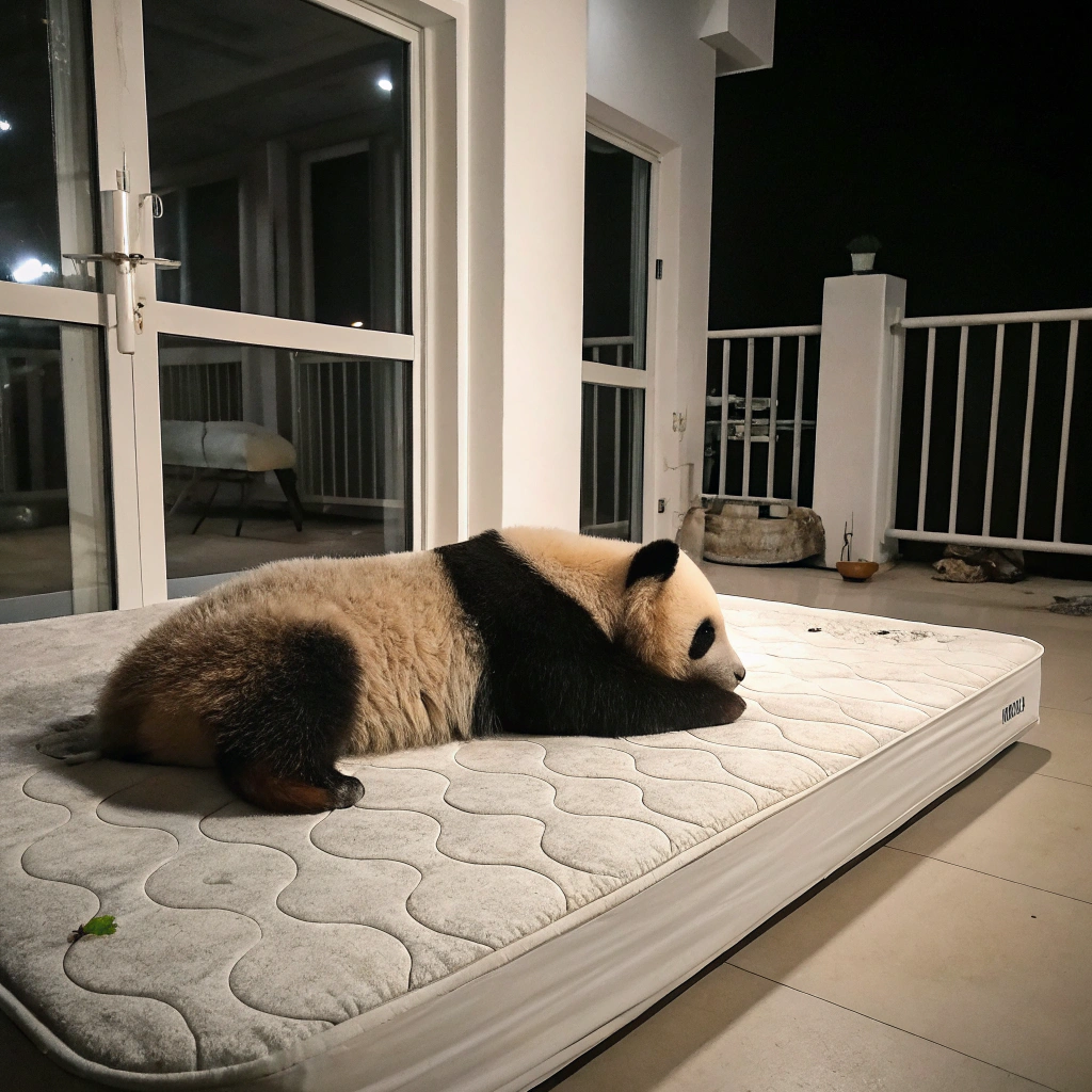 AI generated image by FLUX.1-schnell: A male panda lying on a mattress on the floor at night in a white room. The panda is lovingly thinking of a cute female monkey.