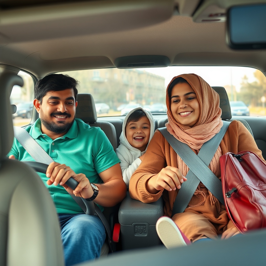 AI generated image by FLUX.1-schnell: Iranian parents driving their child to school