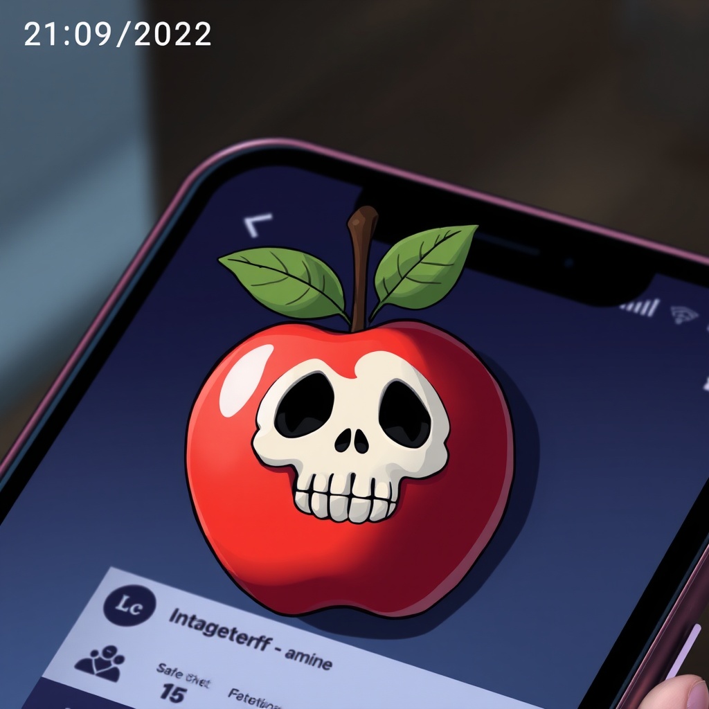 AI generated image by FLUX.1-schnell: A anime apple with a skull face hangs from a hook on a cell phone screen, which is displaying an Instagram page. The image has the date and time stamp of 21/09/2022 at 22:35 in the upper left corner.