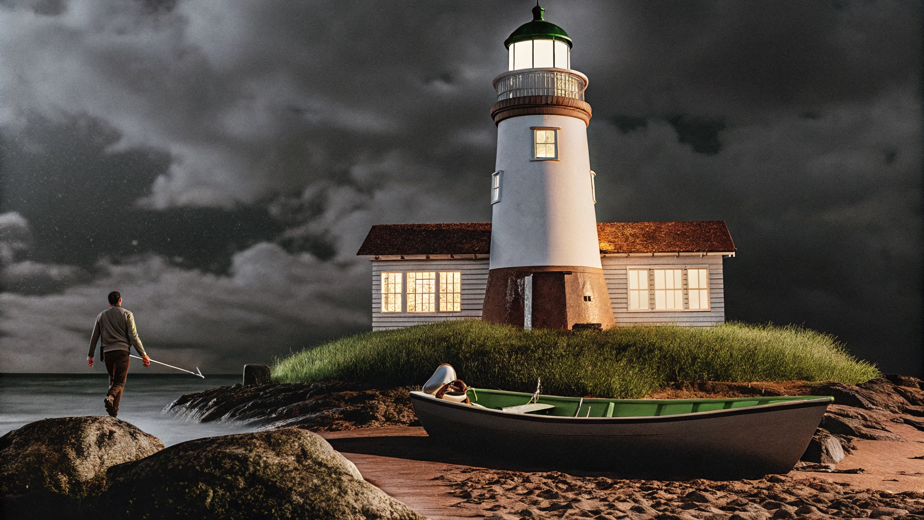 AI generated image by Recraft V3: Create a romantic image of a lighthouse. There is a storm raging. The lighthouse on the small rocky island provides shelter to a man and his dog walking towards it from their rowboat. The windows are lit from within with a cozy warm light,