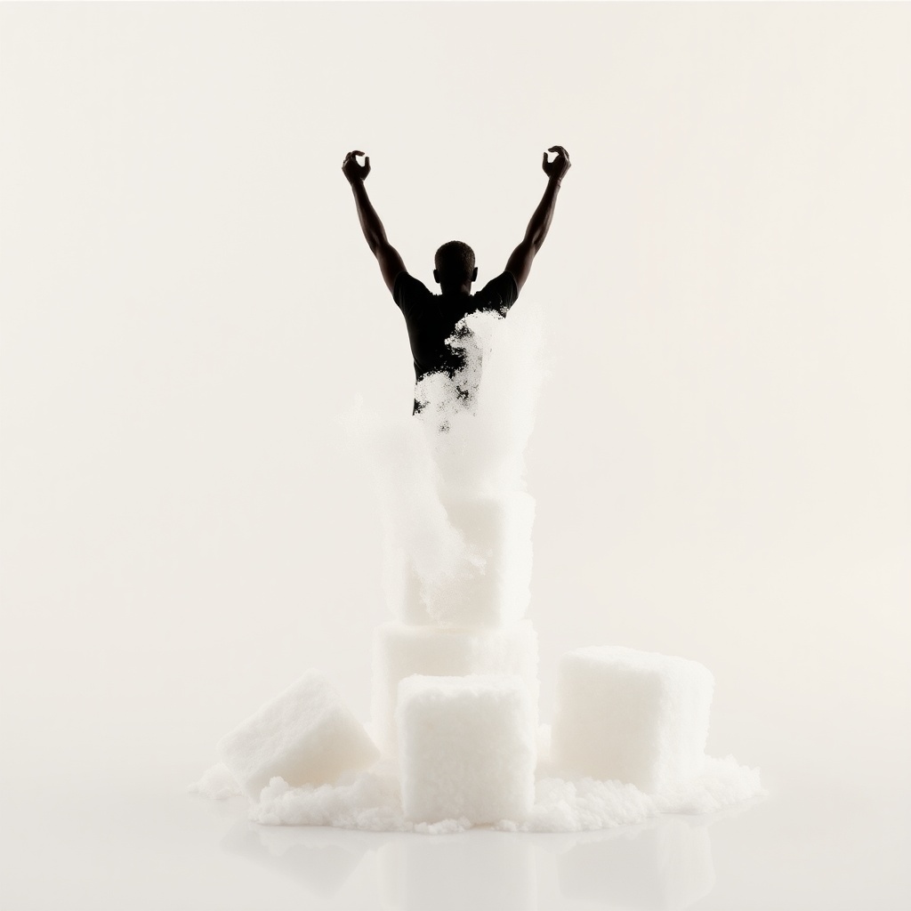 AI generated image by FLUX.1-schnell: transparent background, 5/6 sugar cubes melting and evaporating, a man silhouette rising from the evaporation fumes, depicting release and freedom from sugar