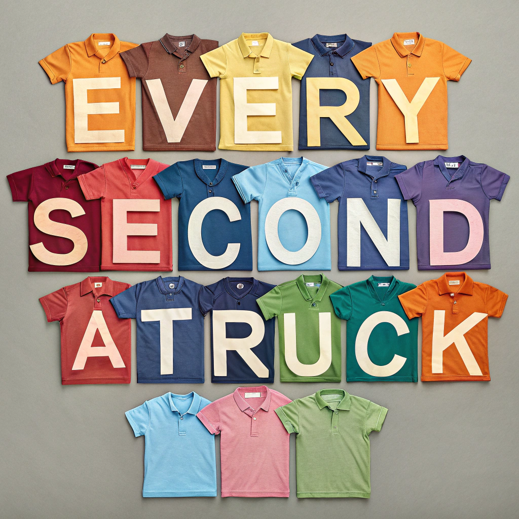 AI generated image by Red Panda AI: hazme un diseño con camisas varias camisas cada una con una letra donde juntas digan every second a truck