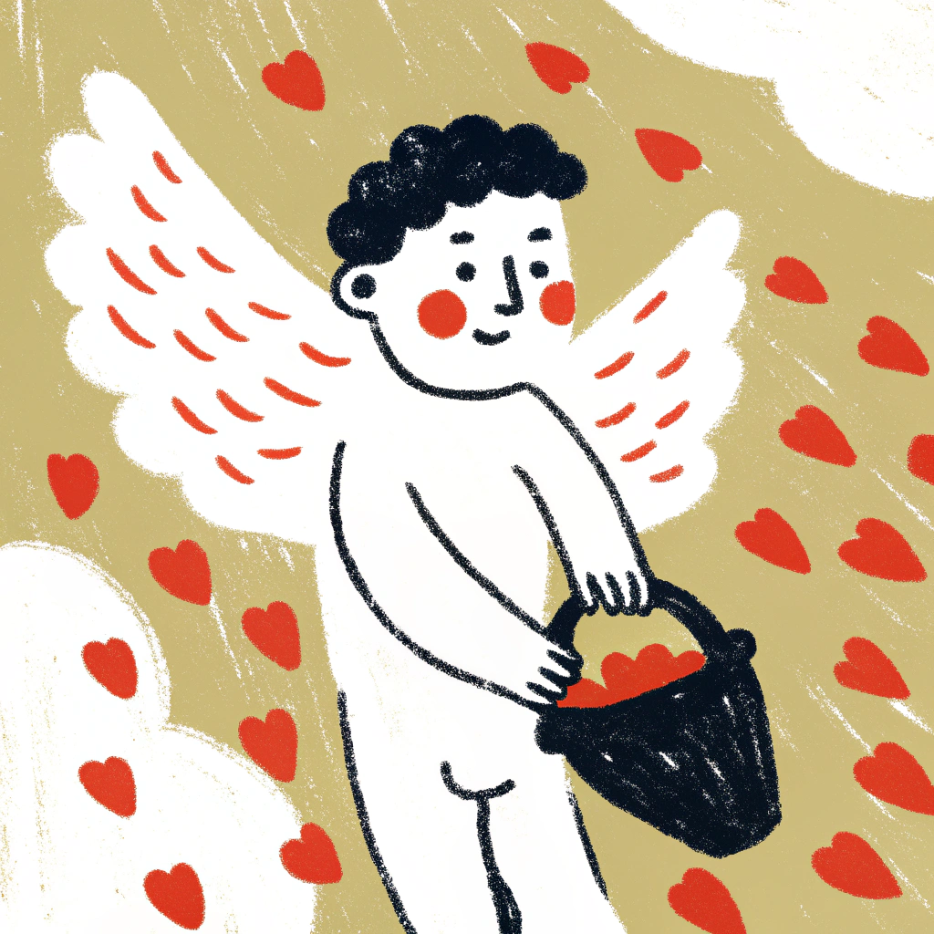 AI generated image by Red Panda AI: A generate a male cherub angel holding a bag that’s dropping red hearts in a illustrative style