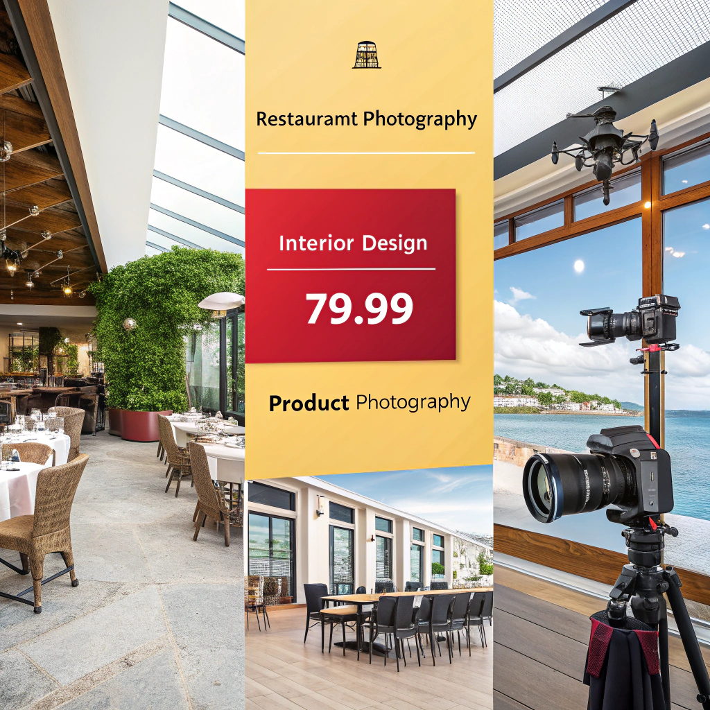 AI generated image by Red Panda AI: Create a vibrant and colorful marketing agency promotional image. The design should showcase six distinct templates: one for restaurant photography, one for interior design, and one for product photography. Highlight the use of drones and professional cameras as essential tools. Include a clear and modern display of pricing, starting from €79.99, and make the overall design dynamic, professional, and attractive to clients. The background should be engaging and feature elements that represent social media and digital marketing, ensuring the image is cohesive, visually appealing, and client-focused.