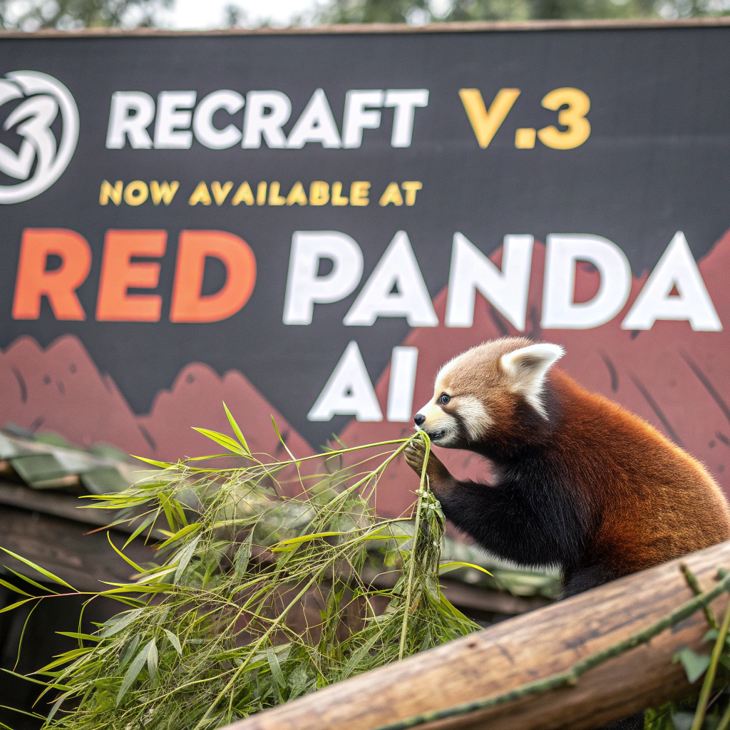 AI generated image by Red Panda AI: a red panda eating a bamboo in front of a poster that says "recraft V3 now available at red panda ai