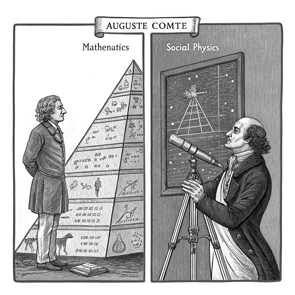 AI generated image by Red Panda AI: Vintage comic book style, highly detailed black and white etching, a clear thick border, academic illustration. A split scene: LEFT SIDE: Auguste Comte stands next to a large pyramid diagram showing the hierarchy of sciences from 'MATHEMATICS' to 'SOCIAL PHYSICS'. RIGHT SIDE: An astronomer looking through a telescope at planets, and complex mathematical equations being written. A strong vertical division in the middle of the image.