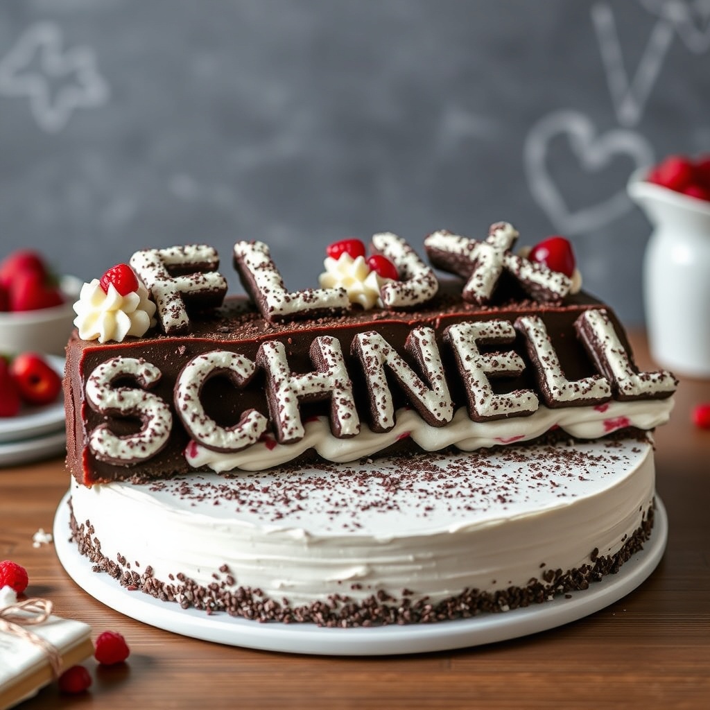 AI generated image by FLUX.1-schnell: black forest gateau cake spelling out the words "FLUX SCHNELL", tasty, food photography, dynamic shot