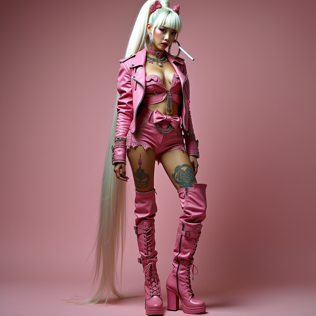 AI generated image by FLUX.1-pro: Full-body image of a beautiful Asian girl. Dressed in pink leather and knee-high boots with a long white high ponytail. Large hoop earrings as wide as her face, multiple facial piercings, and tattoos. The bulky jewelry and accessories create a fantastical appearance. Smoking a cigarette, standing tall, and showing off the boots.