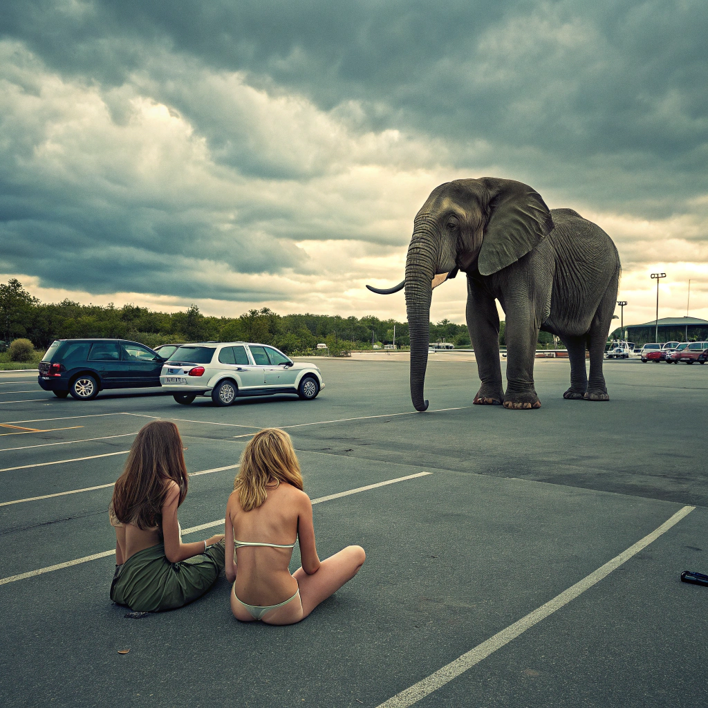 AI generated image by Red Panda AI: Two nude girl sitting in the parking with elephant