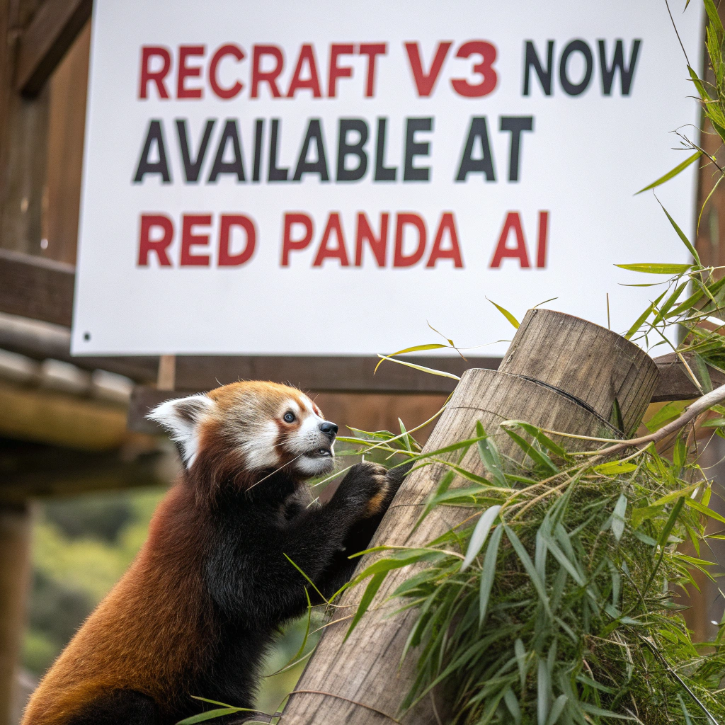 AI generated image by Red Panda AI: a red panda eating a bamboo in front of a poster that says "recraft V3 now available at red panda ai