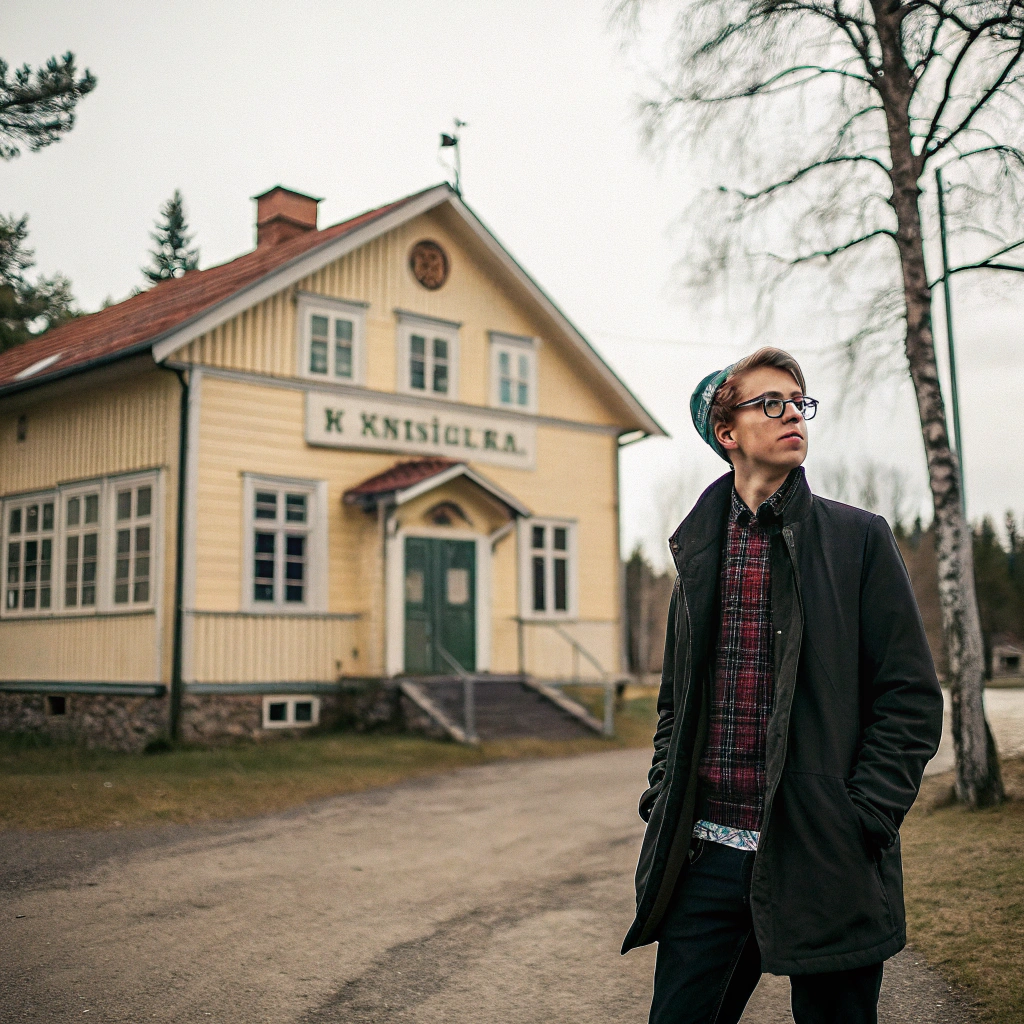 AI generated image by FLUX.1-schnell: PrestonPlayz standing in front of Bruksskolan which is located in Hälleforsnäs, Sweden. If an image of this location is not available, try to use Folkets Hus in Hälleforsnäs. If this is not available use a couple moose as background, or by his side.