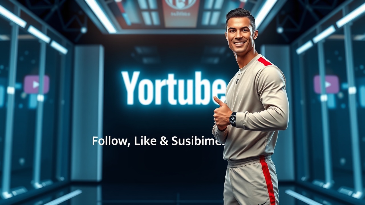 AI generated image by FLUX.1-schnell: "Full body view of Cristiano Ronaldo standing confidently in a stylish outfit, pointing towards a glowing YouTube logo with the channel name 'Ashar_GfX' floating above it. Ronaldo is smiling and giving a thumbs-up while text appears beside him saying 'Follow, Like & Subscribe to Ashar_GfX!' The background is a modern digital studio with cool lighting effects, making it look dynamic and futuristic."