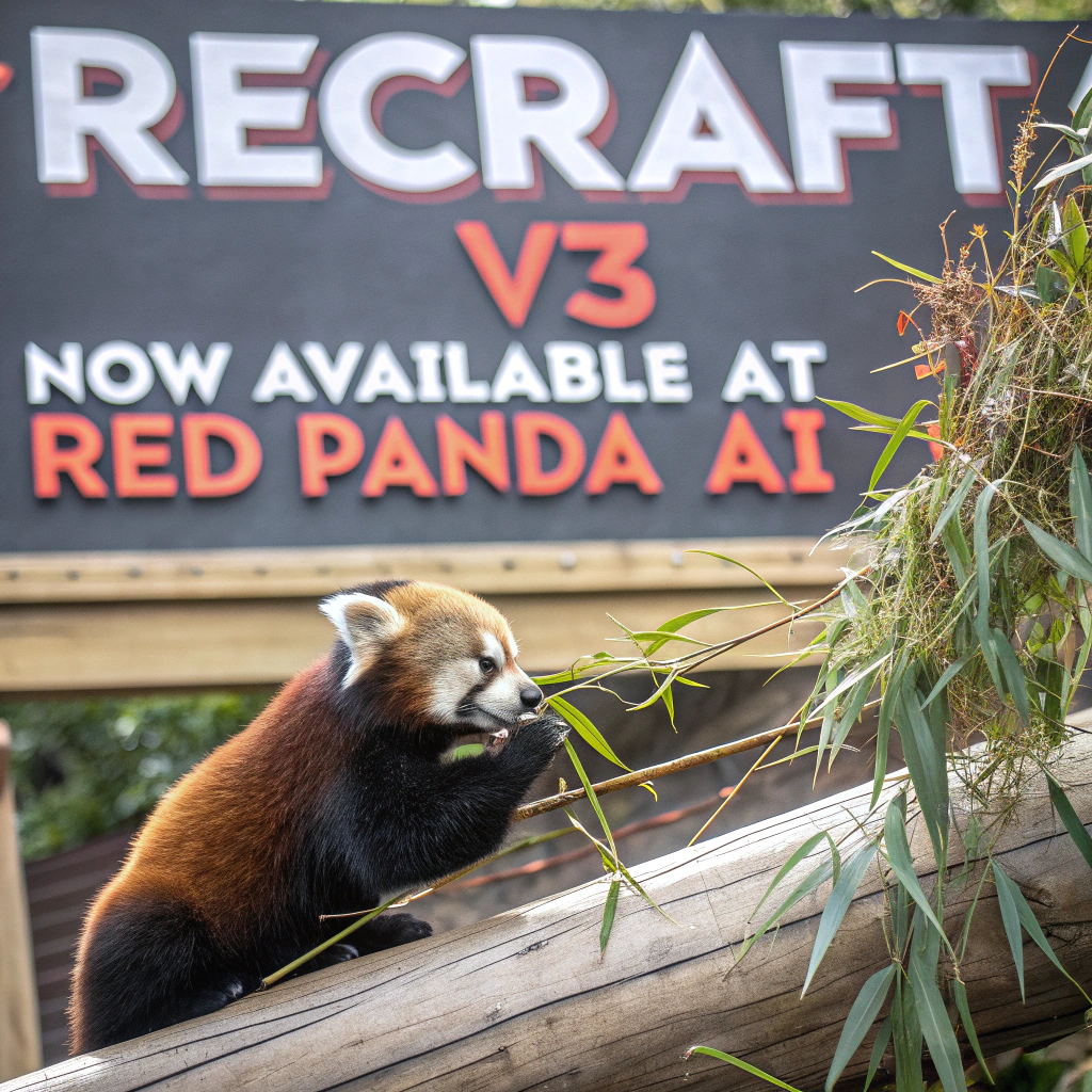 AI generated image by Red Panda AI: a red panda eating a bamboo in front of a poster that says "recraft V3 now available at red panda ai