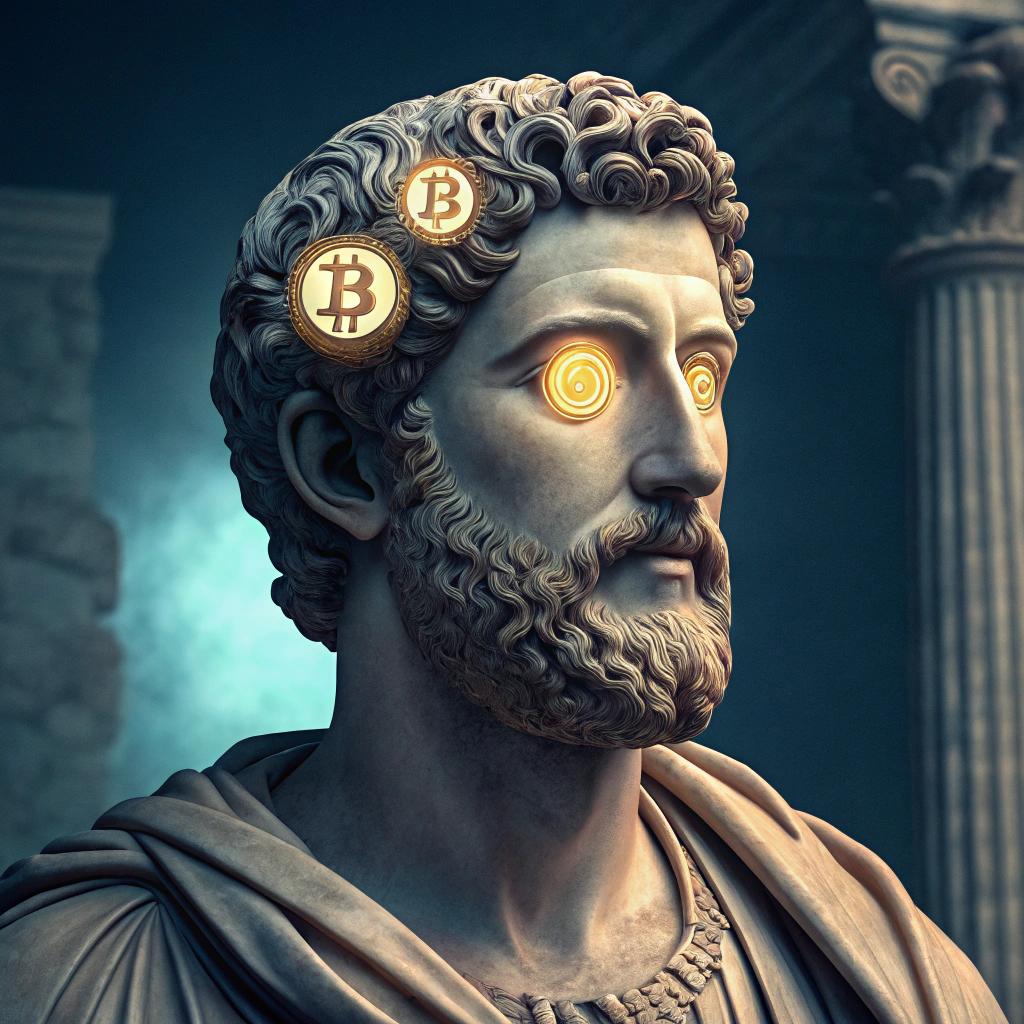 AI generated image by Red Panda AI: marco aurelio con ojos de bitcoin