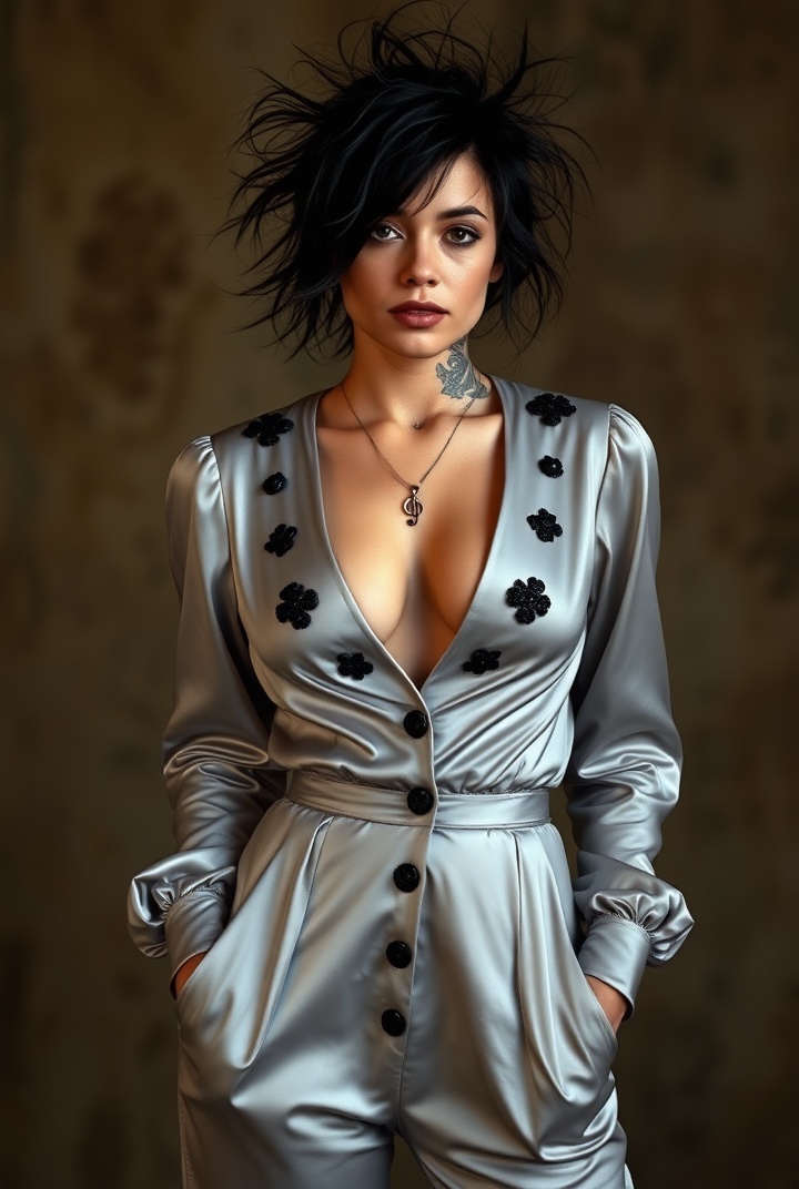 AI generated image by FLUX.1-schnell: Lizzy Mercier Descloux with dark wild chaotic hair, (neck tattoo in the shape of a treble clef), wearing a completely open unbuttoned sexy shiny light grey satin jumpsuit with black ornaments, puffy nipples