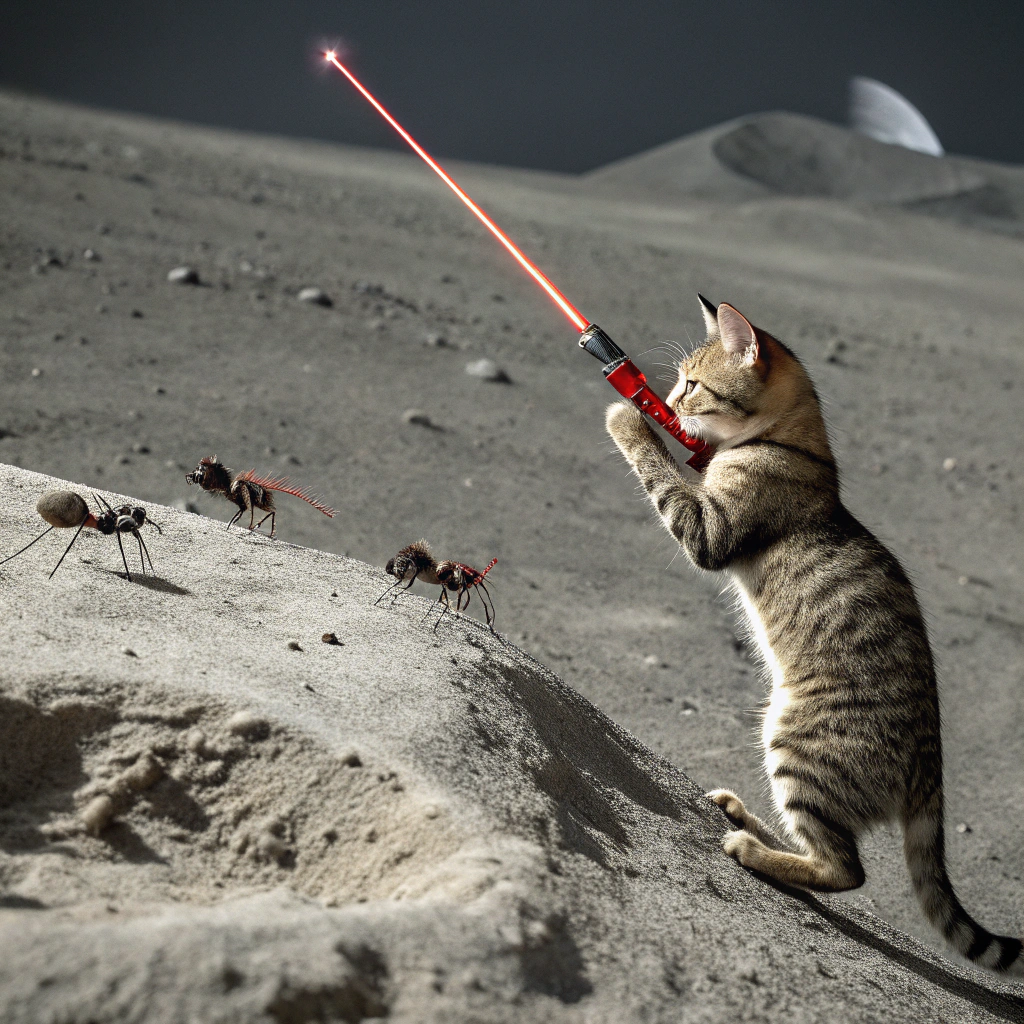 AI generated image by Red Panda AI: A Cat on the Moon with a leaser gun thats schoots ants