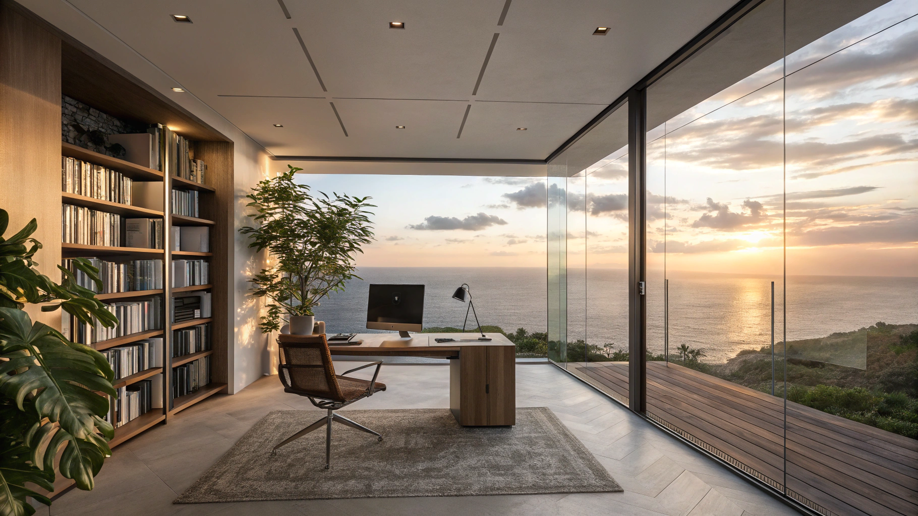 AI generated image by Red Panda AI: Wide-angle view of a large, luxurious home office with a minimalist design on the second floor, seen from the doorway. A spacious desk with a computer setup is centered in the room, facing a floor-to-ceiling glass wall with a panoramic ocean view at sunset, filling the space with warm, ambient light. Lush green plants and a tall bookshelf on the left add sophistication. The scene is open and airy, with walls only on the sides and back, creating a seamless connection to the ocean view.