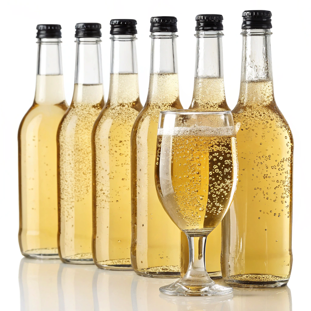 AI generated image by Red Panda AI: 6 botellas transparentes con tapas negras llenas de hidromiel dorada y cristalina ordenadas en 3 filas, delante de ellas una copa teku llena con una hidromiel dorada, muy limpia y gasificada