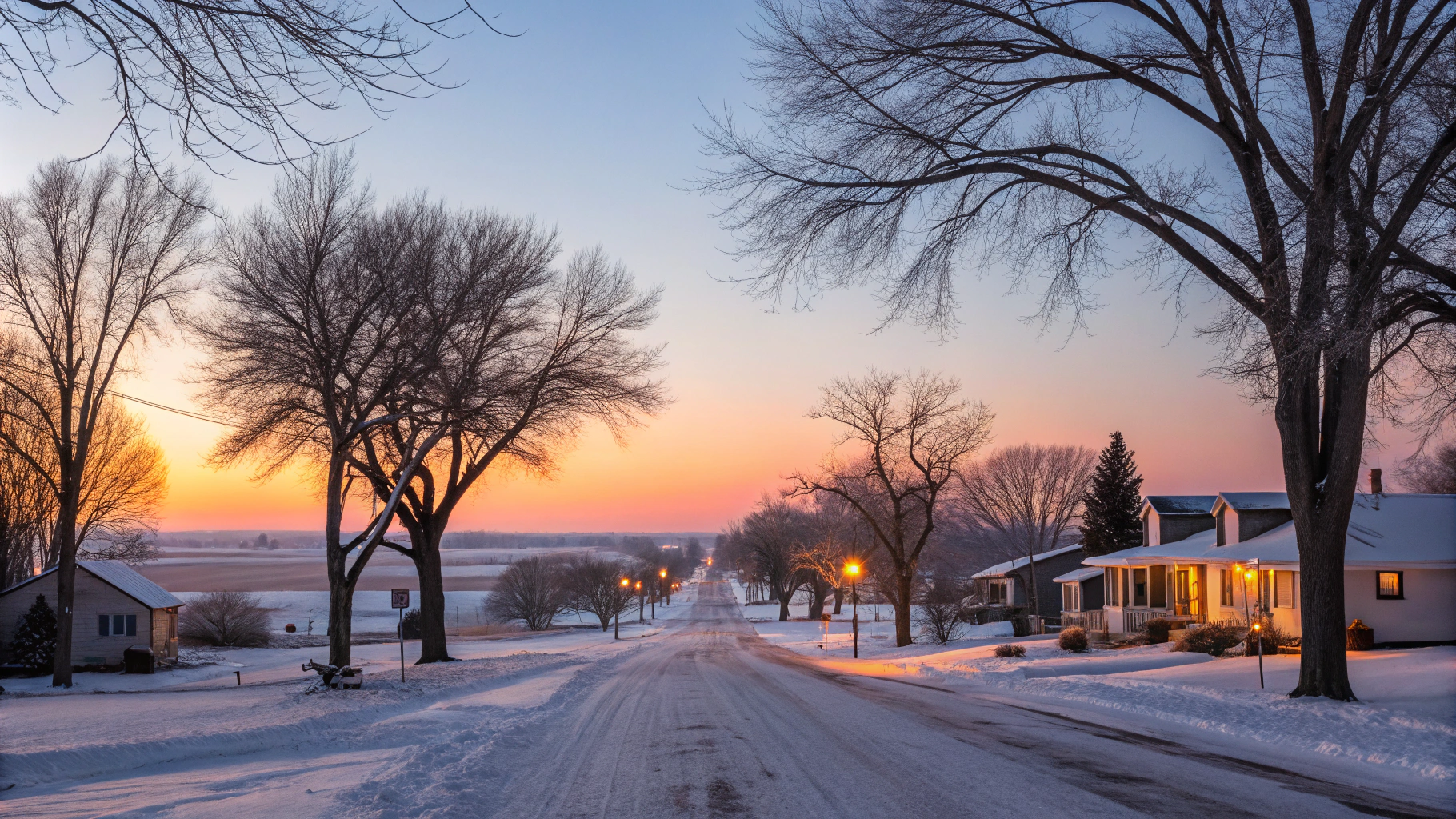 AI generated image by Red Panda AI: A tranquil winter scene of a small Midwestern town, Blair, Nebraska, in December. streets with very light, very sparse light dusting on rooftops, trees swaying gently in a crisp breeze. Clear skies with a warm orange-pink glow of a sunset in the background. Residential homes with lit windows, and a distant view of open fields blending into the horizon. A sense of seasonal stillness and charm, 4k resolution, photorealistic.