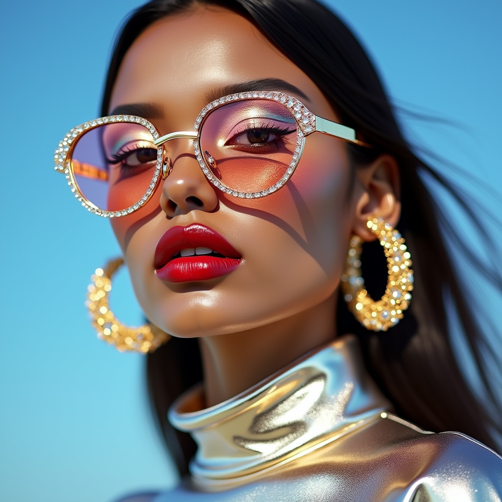 AI generated image by FLUX.1-pro: A hyper-detailed, avant-garde photograph featuring a striking europian beautiful supermodel girl with long hair and pale light brown skin against a clear, plump lips, light blue sky. Her full-face close-up highlights the smooth texture of her flawless complexion. Diamonds sparks on her cheek, adding an artistic touch. Shimmering metallic eyeshadow enhances the depth of her piercing gaze, while her glossy, deep red lips create a bold contrast to her skin. pink sunglasses.
Large, intricately detailed golden earrings shaped like a thin rings reflect light, contributing to her modern allure. She wears metallic urban Buddhist monk clothing, with a turtle neck that enhances her avant-garde look. The reflective surfaces of her earrings and outfit create a dynamic interplay with the environment, emphasizing her sleek presence.
The minimalist background allows the viewer to focus on her eye-catching fashion and makeup. Captured with a Sony A7R IV camera and a 50mm f/1.2 G Master lens for a beauty editorial shoot, this composition highlights her fashion-forward aesthetic. Inspired by avant-garde fashion photography from Solve Sundsbo, this image blends contemporary fashion and minimalist elegance, embodying mythp0rt and niji_flux styles for a sleek, high-fashion vision. ((glow_skin, iridescent skin, oily skin, portrait)), <lora:qiu_blue:0.8>, <lora:lora:1> candy colors in the style of ckcf, <lora:flux-colourful:1>