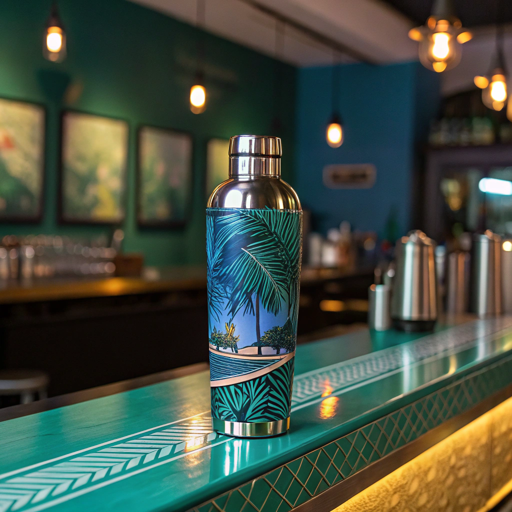AI generated image by Red Panda AI: Create for me a photo of a water bottle with a realistic style on a noisy bar with a pacific colour on 2pm so realistic, it need to be so luxury