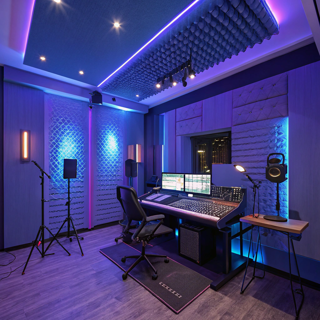 AI generated image by Red Panda AI: “Un estudio de grabación moderno con iluminación LED ambiental en tonos azules y púrpura, paredes acústicas, consola de mezcla profesional y micrófonos de alta gama, estilo cinematográfico, ultra realista, 8K.”