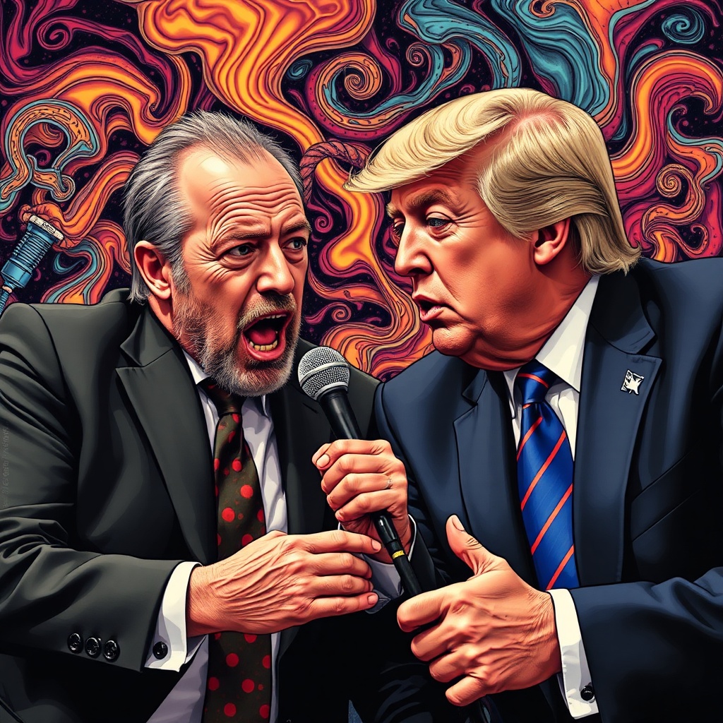 AI generated image by FLUX.1-schnell: joe rogan on acid with donald trump
