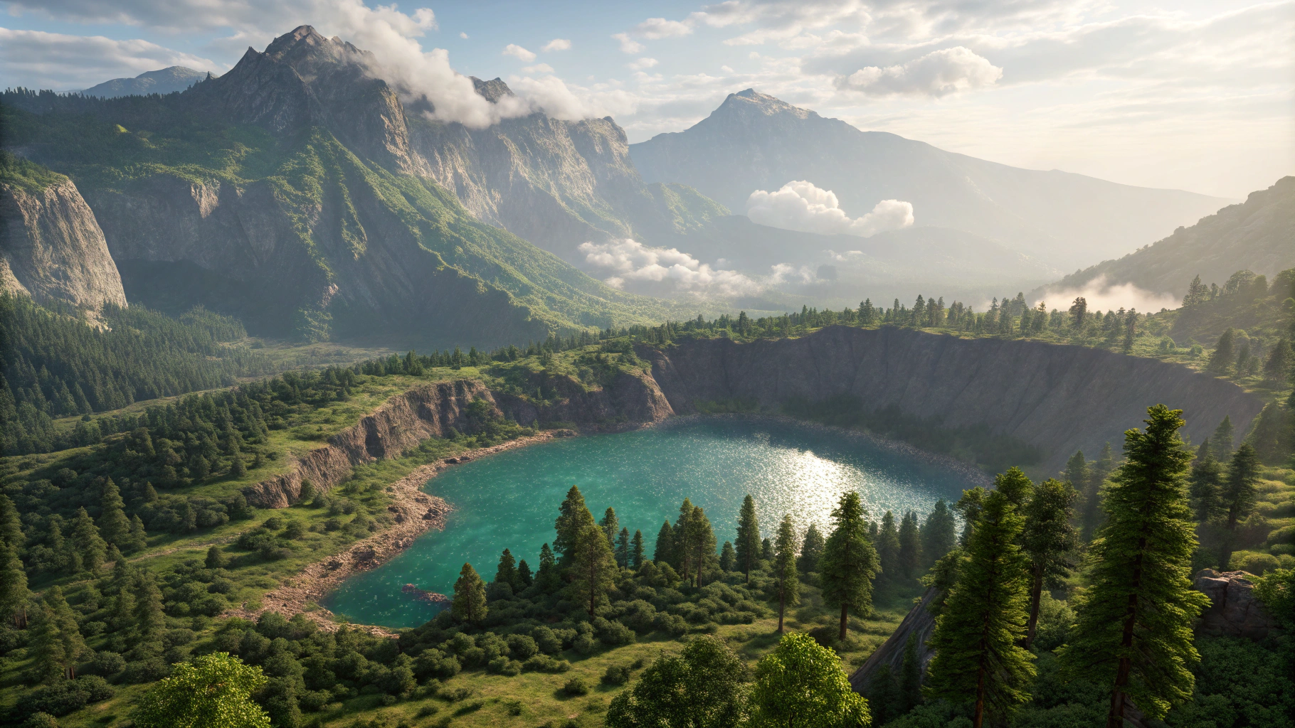 AI generated image by Red Panda AI: Create a breathtaking natural landscape inspired by Minecraft but with a more realistic style. The scene should feature a colossal crater filled with vibrant green vegetation and a shimmering turquoise lake in the center. The crater’s edges should rise steeply into tall, rugged mountains covered in dense forests, with mist and soft clouds weaving through the peaks. The environment should feel alive, with sunlight casting a warm glow over the scene, creating vivid contrasts between light and shadow. Avoid any text or graphic elements, focusing solely on the beauty of the landscape with realistic textures and rich colors.