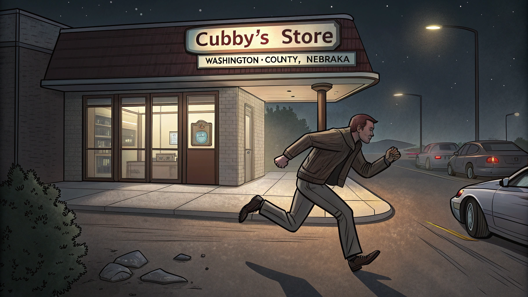 AI generated image by Red Panda AI: Drunk man runs from sheriffs outside a Cubby's Store in Washington County, Nebraska