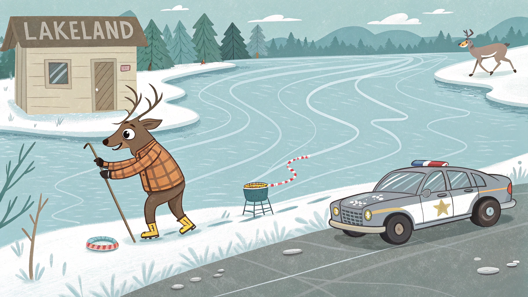 AI generated image by Red Panda AI: Ice fishing at "Lakeland", a deer standing up on crutches and bandaged, sheriff patrol races past on the highway chasing a drunk driver, cartoon style