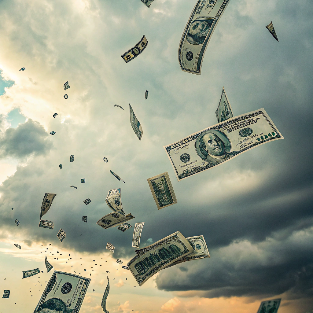 AI generated image by Red Panda AI: dinero en efectivo cayendo del cielo