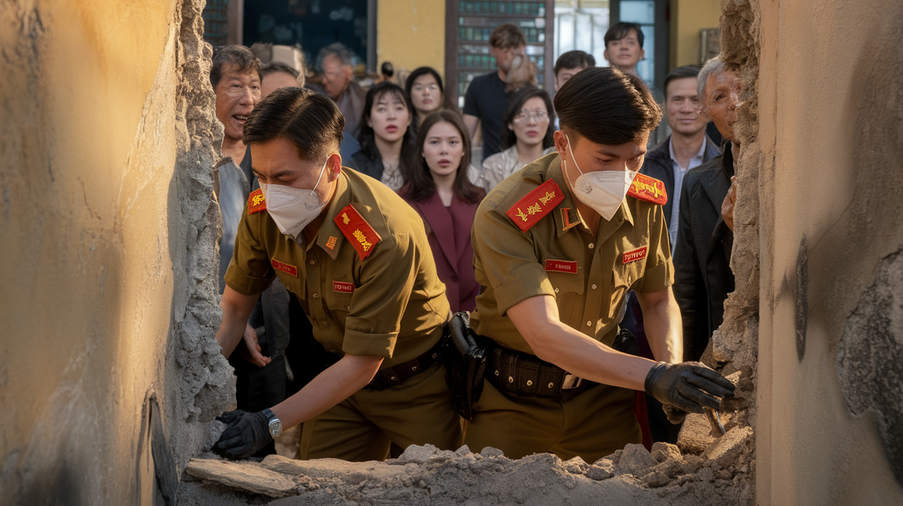 AI generated image by ideogram 2.0: Hãy tạo cho tôi một hình ảnh thumbnail YouTube theo phong cách điện ảnh, người thật, chất lượng siêu thực 8K, tỉ lệ 16:9.
Bối cảnh: 2 người công an Việt Nam đeo khẩu trang đang đào vách tường bên trong một căn nhà, xung quanh là nhiều người dân đang đứng xem với vẻ mặt hoảng hốt
Góc máy: Góc ngang trực diện, góc quay xa, lấy trọn cảm xúc của cả người, hậu cảnh là căn nhà, ánh sáng vàng ấm, bóng đổ rõ ràng.
Phong cách: Chân thật, điện ảnh, giàu cảm xúc, như cảnh cắt từ một bộ phim chính kịch xã hội.