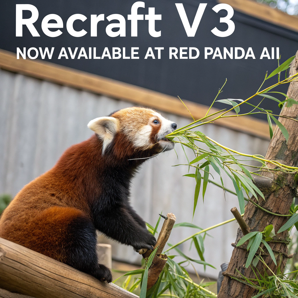 AI generated image by Red Panda AI: a red panda eating a bamboo in front of a poster that says "recraft V3 now available at red panda ai