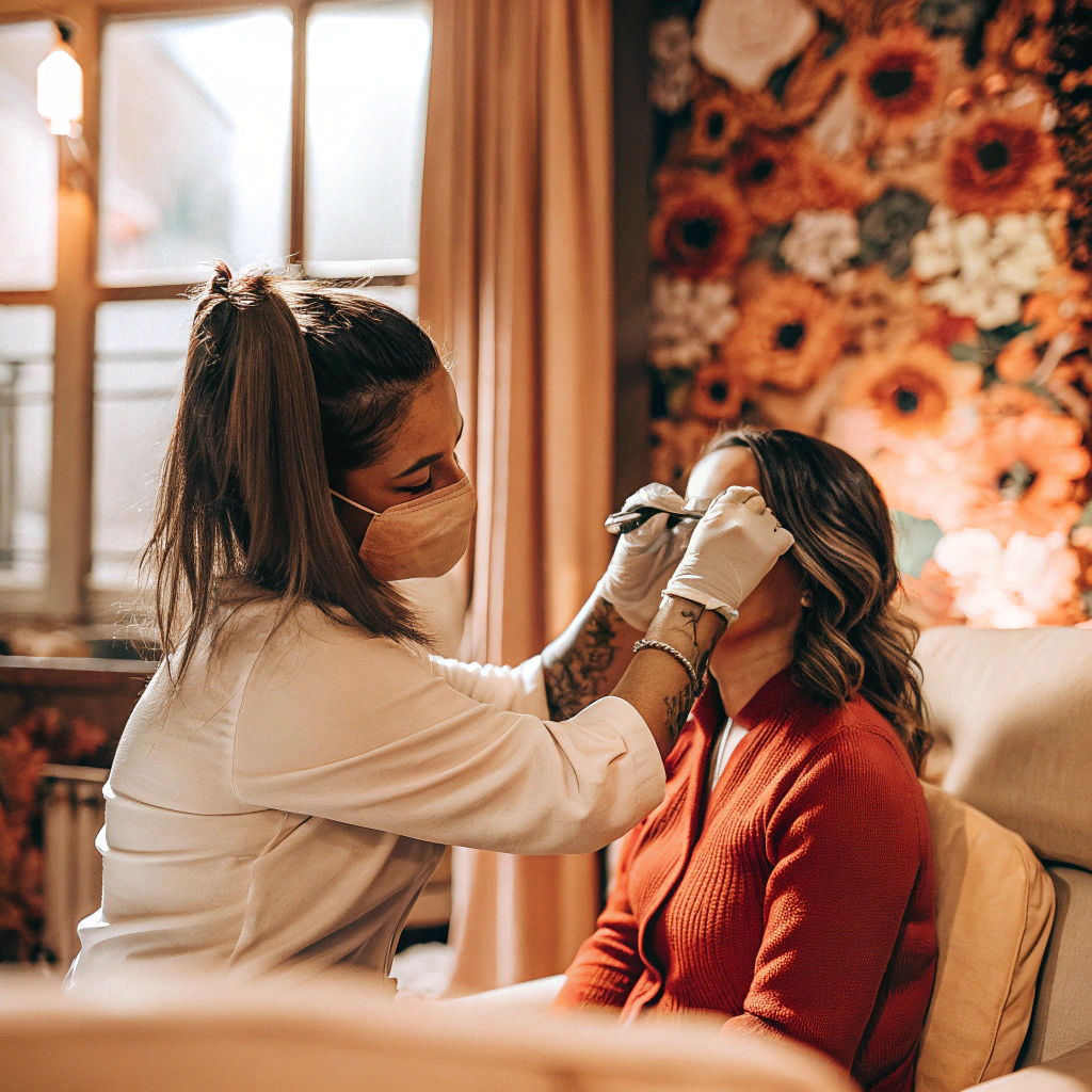 AI generated image by Red Panda AI: una ragazza che fa il tatuaggio alle sopracciglia alla cliente si trovano in una stanza con lo sfondo beige e i fiori tutti colorati