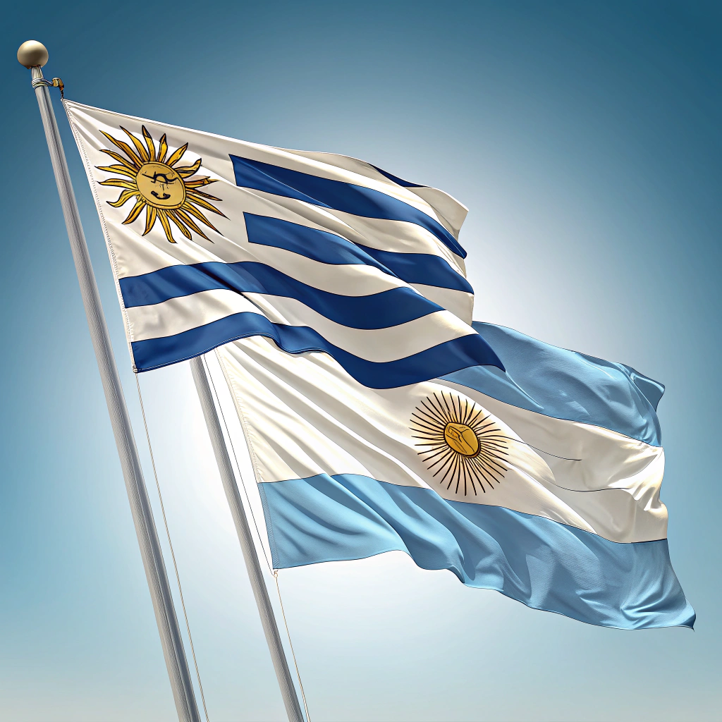 AI generated image by Red Panda AI: 1 BANDERA DE URUGUAY Y 1 BANDERA DE ARGENTINA, FLAMEANDO, UNIDAS ENTRE SI