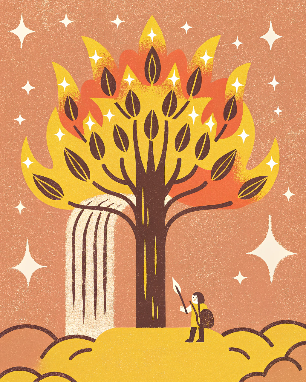 AI generated image by Red Panda AI: a fantasy and magical fire tree, with waterfalls and stars in the sky blue, in the style of realistic color palette, otherworldly illustrations, uhd image, dazecore, vibrant illustrations, commission for. Only the tree is on fire with red and amber flammes that seems to shine . A traveller sinking for adventure is watching at the magnificent magical tree near the waterfall. He is carrying a knapsack on his shoulder and a little sword at his hip