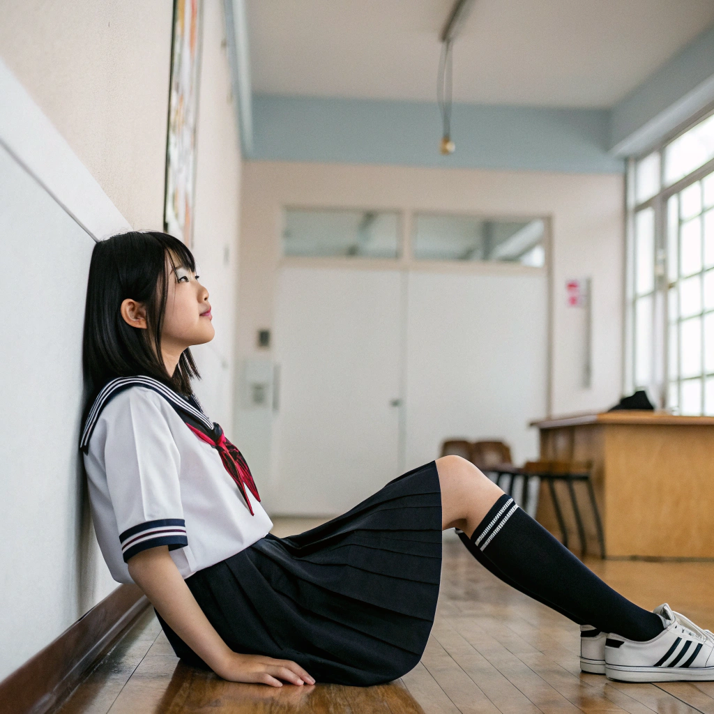 AI generated image by Red Panda AI: 일본 여고생이 앉아서 다리를 벌리고 있다.