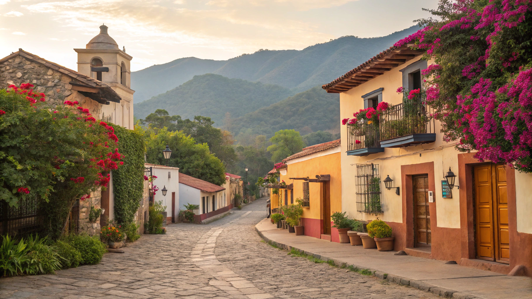 AI generated image by Red Panda AI: "Crea una imagen detallada y vibrante de un pintoresco pueblo pequeño en una zona rural de México. La escena está ambientada durante el día, con el sol iluminando suavemente las calles adoquinadas que serpentean por el pueblo. El pueblo está lleno de arquitectura tradicional mexicana, con casas de adobe coloridas, techos de teja roja, puertas de madera y balcones llenos de flores brillantes. Las calles están bordeadas de vegetación exuberante, con flores en cada rincón, como cempasúchil, bugambilias e hibiscos, que aportan toques vibrantes de color. En el aire, los colibríes revolotean sobre las flores, con sus plumas iridiscentes brillando bajo la luz del sol. La naturaleza circundante es exuberante, con altas montañas verdes al fondo, y los colores cálidos del pueblo contrastan maravillosamente con el cielo azul profundo. La atmósfera se siente pacífica, acogedora y llena de vida, capturando la esencia de un pueblo rural mexicano."